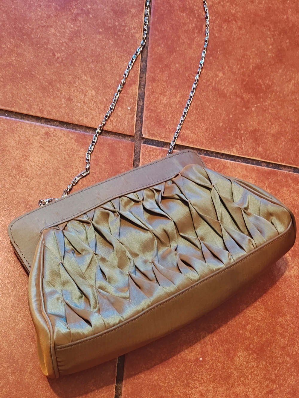 JAFRA Olive Green Satin Ruffle Clutch with Silver Chain